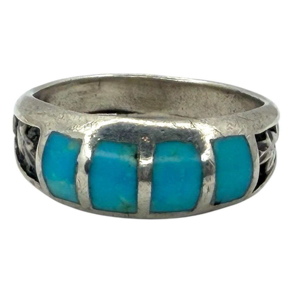 Vintage Ring Sterling Silver 925 Size 7 Blue Turquoise Inlay Southwestern Band